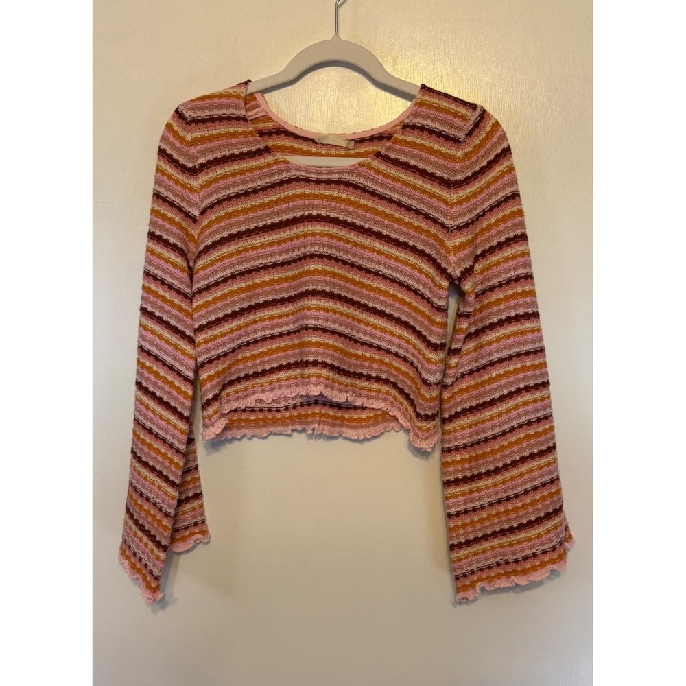 Altar'd State Striped Cropped Sweater Pink Orange Bell Sleeve Lettuce Edge S